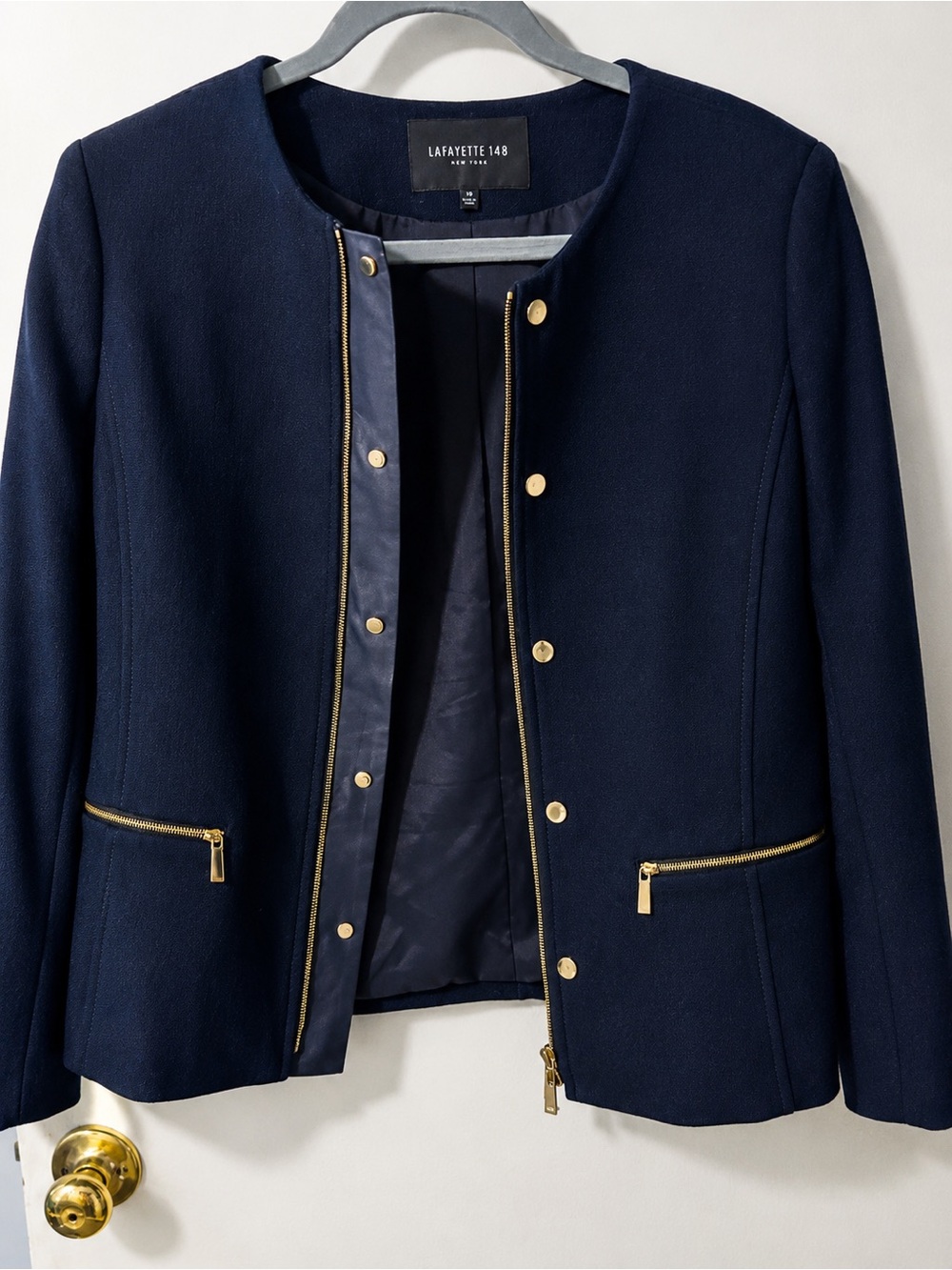 Lafayette 148 New York Navy Gold Zip Collarless Jacket Blazer M